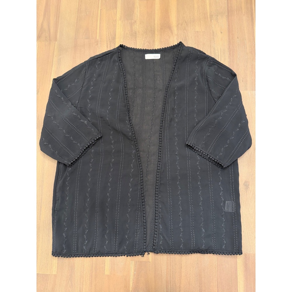 Tiff Black Embroidered Sheer Open Front Kimono Crochet Trim Boho Cardigan Top